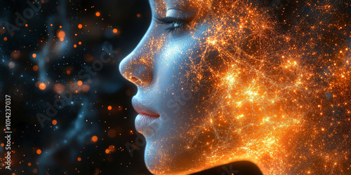 A serene human profile illuminated with glowing, interconnected particles, evoking a sense of cosmic connection and the mysteries of the universe.