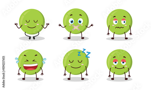 funny pea cartoon with various expressions vector illustration