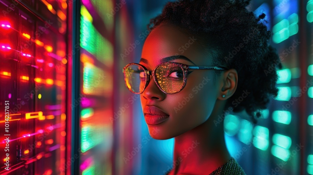 Portrait of Black woman engineer tech in computer server room. Generative AI. Portrait of Black woman engineer tech in computer server room. Generative AI.