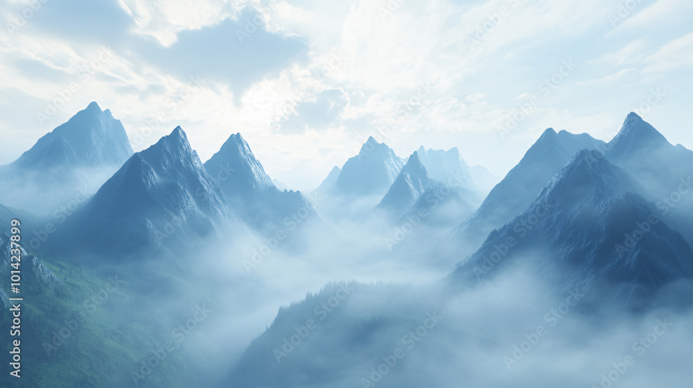 A misty mountain range in the early morning light, with clouds drifting between the peaks. A misty mountain range in the early morning light, with clouds drifting between the peaks.