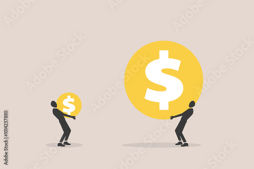 Businessman hanging big coin on much more paid money coins and less small income coin. concept of pay gap, inequality between man and woman wage, salary or income, issue about gender diversification