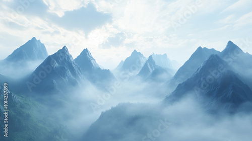 Wallpaper Mural A misty mountain range in the early morning light, with clouds drifting between the peaks. Torontodigital.ca