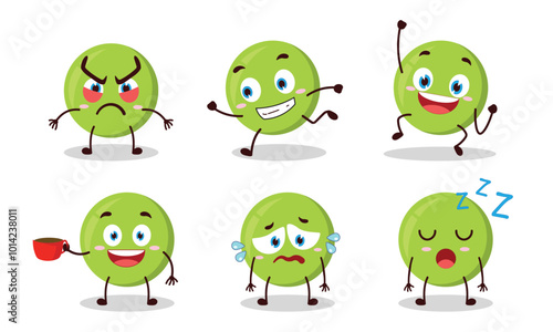 funny pea cartoon character with many pose activity vector illustration