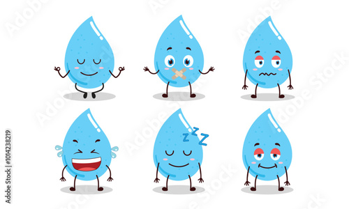 funny water drop cartoon with various expressions vector illustration