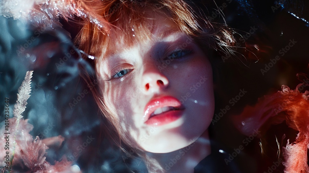 Watery Portrait: A Woman's Face Immersed in a Dreamlike World Watery Portrait: A Woman's Face Immersed in a Dreamlike World