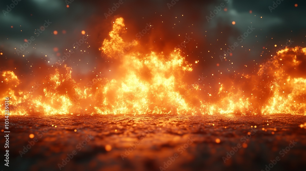 A wall of fire with sparks and smoke in a dark background. A wall of fire with sparks and smoke in a dark background.