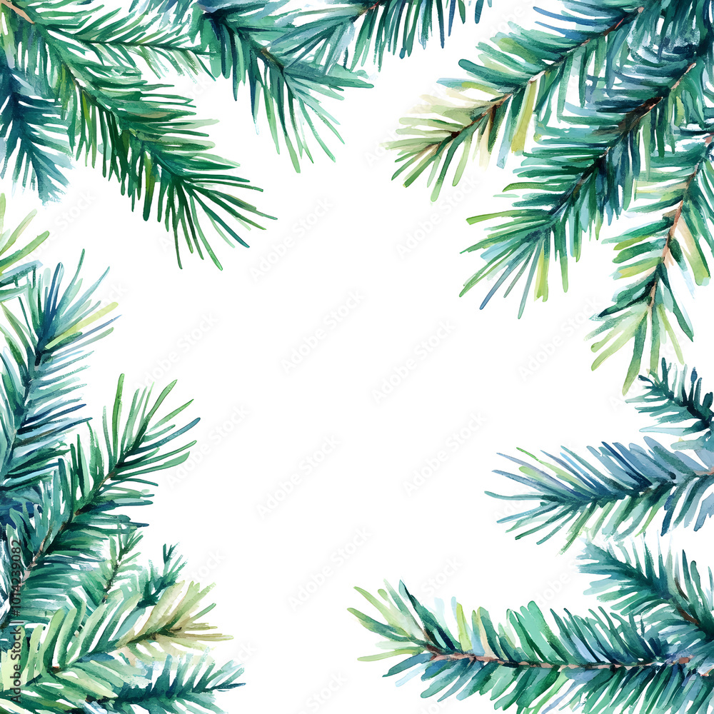 Watercolor arrangement of evergreen branches creates natural frame, perfect for holiday greetings or seasonal decorations. vibrant greens evoke festive spirit Watercolor arrangement of evergreen branches creates natural frame, perfect for holiday greetings or seasonal decorations. vibrant greens evoke festive spirit