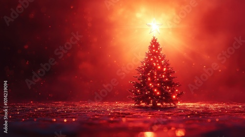 Generative AI image of red Christmas tree decorated with bright star placed on table against glowing red background