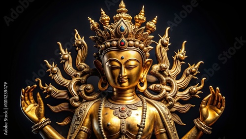 The photo shows a detailed representation of the gilded four armed form of Avalokiteshvara made of metal illuminated against a black background executed in the traditional Tibetan style