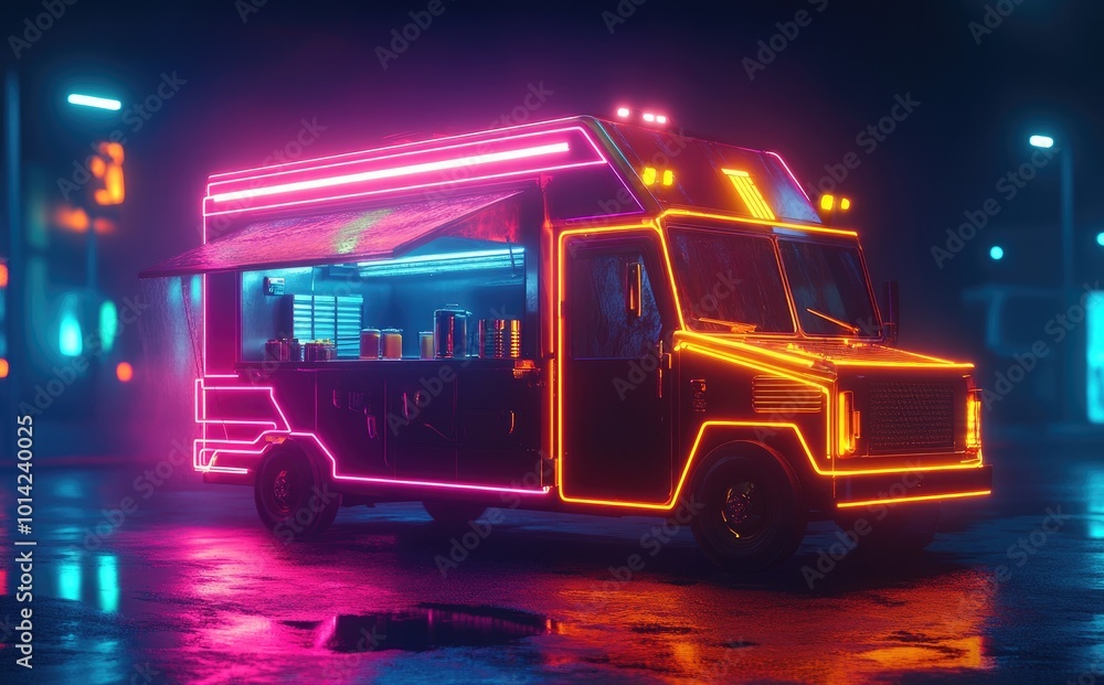Neon food truck at night with glowing lights. Neon food truck at night with glowing lights.