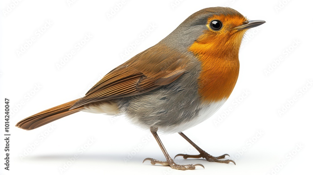 European robin standing on a surface, displaying its vibrant orange chest and brown feathers, isolated on a white background Generative AI European robin standing on a surface, displaying its vibrant orange chest and brown feathers, isolated on a white background Generative AI