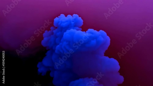 A vibrant blue smoke cloud floats against a deep gradient background blending purple and red hues. The swirling patterns of the smoke create an abstract and dreamy atmosphere.