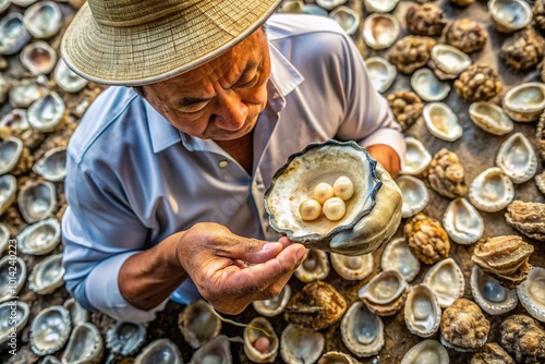 aquatic adventure, natural beauty, eco-friendly,pearl farming, pearl industry, Pearl farmer examining a cultured pearl freshly extracted from the oyster shell from an aerial perspective photo