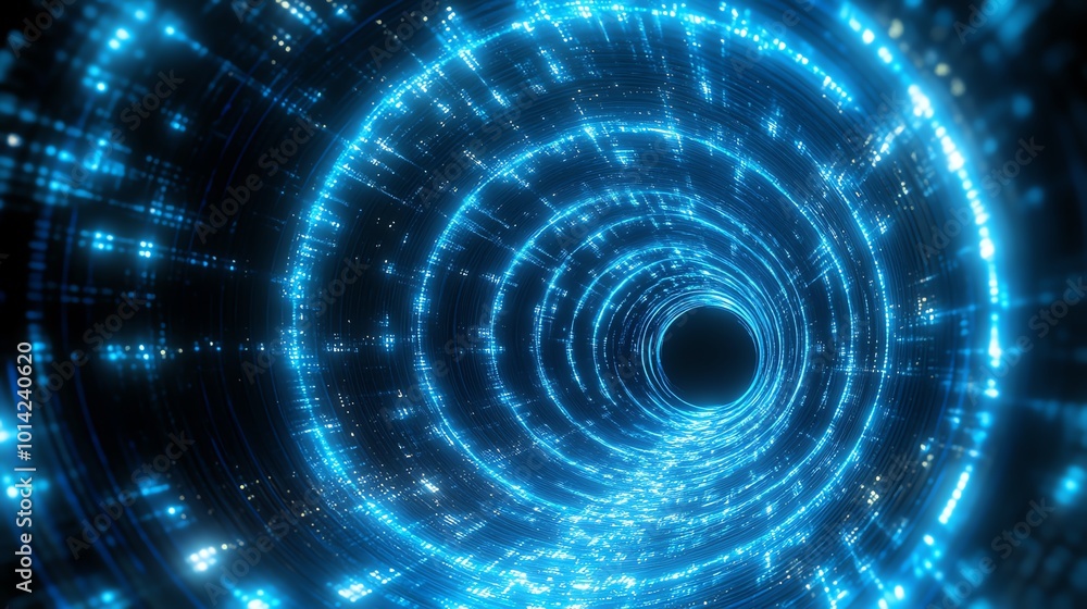 Abstract blue light tunnel with glowing particles in a dark background. Abstract blue light tunnel with glowing particles in a dark background.