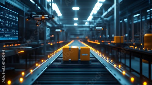 AI-operated food factory, conveyor belts moving ingredients under the watchful eye of drones equipped with cameras, data streamed to futuristic control panels