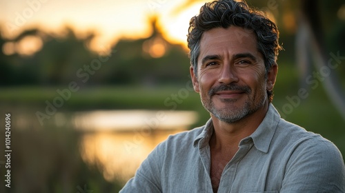 Cheerful middleaged Hispanic man wearing a casual shirt in a quiet lakeside retreat