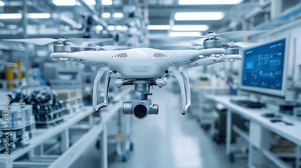 Sleek industrial food production plant, drones conducting contaminant scans, AI control screens displaying real-time production data, highly efficient systems Sleek industrial food production plant, drones conducting contaminant scans, AI control screens displaying real-time production data, highly efficient systems