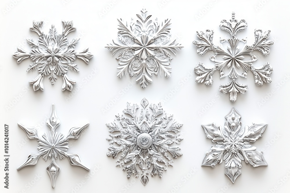 A set of six snowflakes with intricate designs A set of six snowflakes with intricate designs