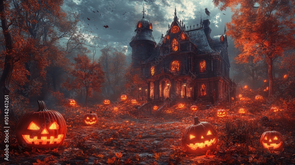A spooky Halloween evening at a gothic house surrounded by autumn leaves and jack-o'-lanterns A spooky Halloween evening at a gothic house surrounded by autumn leaves and jack-o'-lanterns