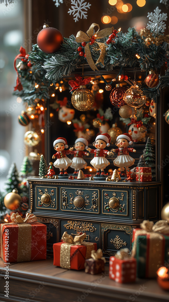 Fototapeta premium Christmas-themed musical toy box with tiny dancing figures