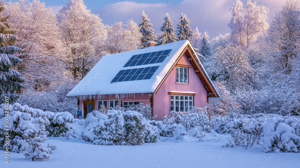 Home house with a roof covered in snow during winter, solar panels for alternative photovoltaic power, generating cold electricity through renewable energy technology Home house with a roof covered in snow during winter, solar panels for alternative photovoltaic power, generating cold electricity through renewable energy technology