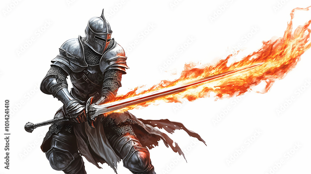 Φωτογραφία A knight in battle stance, holding a flaming sword and wearing enchanted armor, isolated on white background