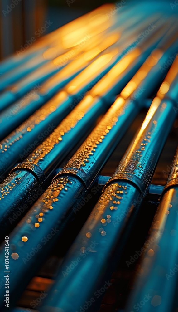 Close-up of wet blue pipes with a soft orange glow in the background. Close-up of wet blue pipes with a soft orange glow in the background.