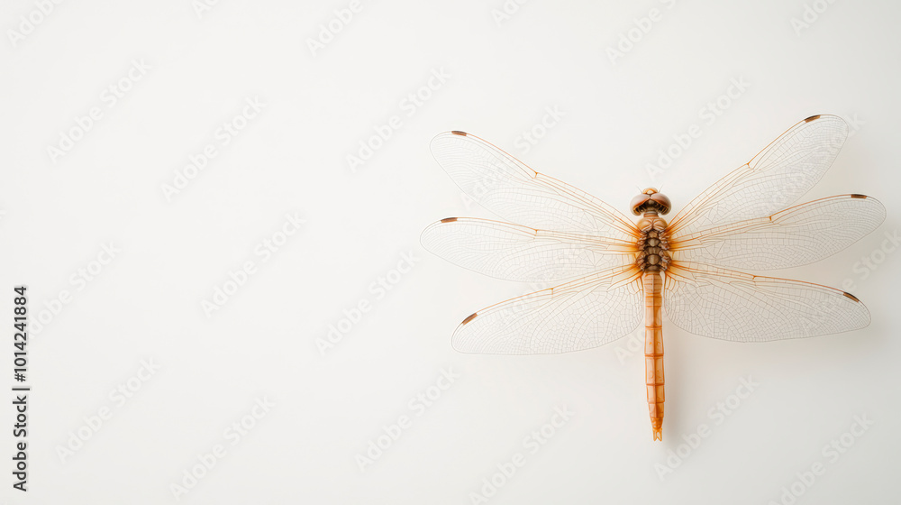 A delicate dragonfly with transparent wings and a golden body is perched against a plain, white background, showcasing its intricate details. A delicate dragonfly with transparent wings and a golden body is perched against a plain, white background, showcasing its intricate details.