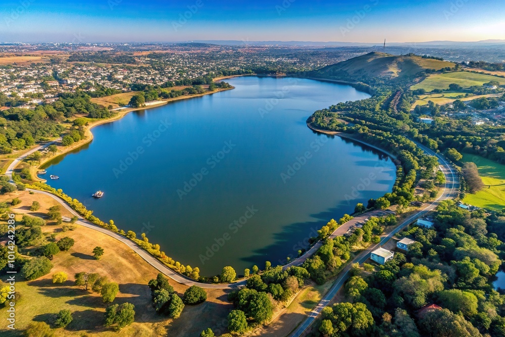 dam, bird's eye view, drone shot, reflection, destination, landscape, top view, South Africa, Bird s Eye View of the Wide Panorama Reservoir in Northcliff Johannesburg against a clear sky dam, bird's eye view, drone shot, reflection, destination, landscape, top view, South Africa, Bird s Eye View of the Wide Panorama Reservoir in Northcliff Johannesburg against a clear sky