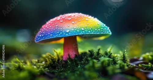 A vibrant rainbow mushroom with water droplets on its cap, growing in a bed of green moss.