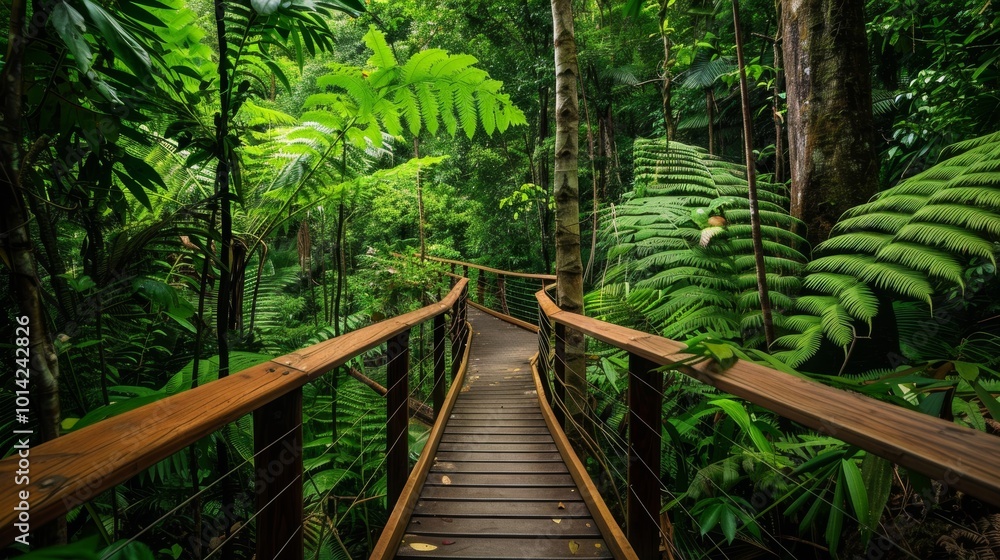 Wooden Walkway Through Lush Tropical Jungle with Ferns and Greenery Wooden Walkway Through Lush Tropical Jungle with Ferns and Greenery