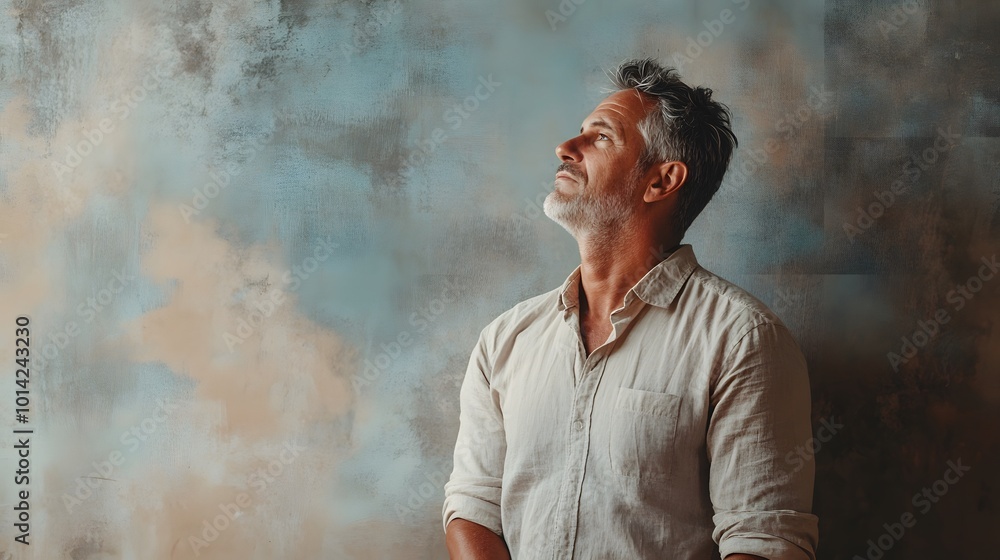 Fototapeta premium A Man with a White Beard Looking Upward Against a Textured Wall