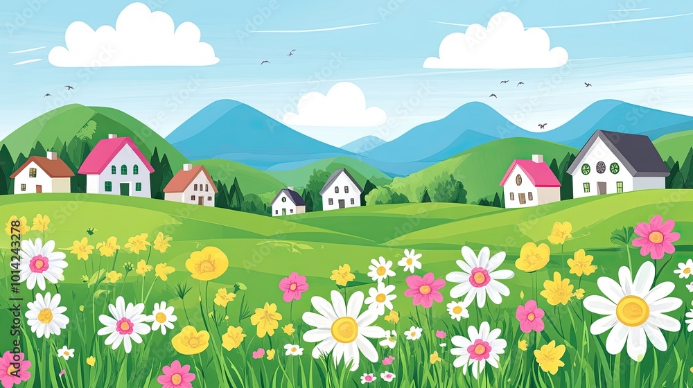 Fototapeta premium A vibrant, cartoon-style illustration of a picturesque village nestled amidst rolling green hills and blooming wildflowers against a backdrop of distant mountains and a clear blue sky.