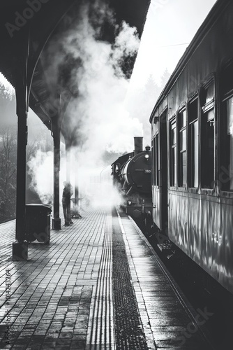 Black and white photo of a steam train arriving at an old-fashioned train station with atmospheric smoke photo