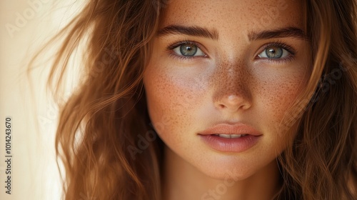 Close-up portrait of a beautiful young woman with natural makeup and soft lighting.