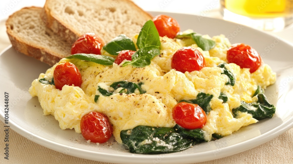 A plate of fluffy scrambled eggs with roasted cherry tomatoes and spinach, served with toasted sourdough bread. - A plate of fluffy scrambled eggs with roasted cherry tomatoes and spinach, served with toasted sourdough bread. -