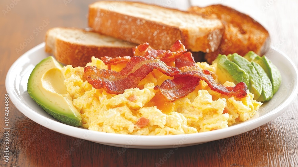 A plate of scrambled eggs with crispy bacon, toasted bread, and a side of sliced avocado, placed on a wooden table. A plate of scrambled eggs with crispy bacon, toasted bread, and a side of sliced avocado, placed on a wooden table.