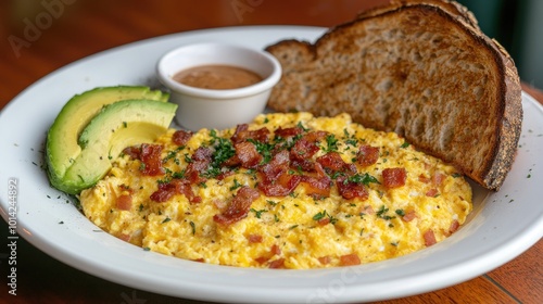 A plate of scrambled eggs with crispy bacon, toasted bread, and a side of sliced avocado, placed on a wooden table.