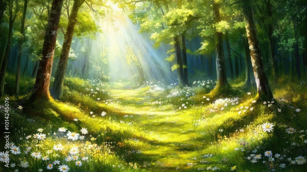 Obraz premium A quiet forest clearing with sunlight streaming through the trees, illuminating a bed of soft moss and wildflowers