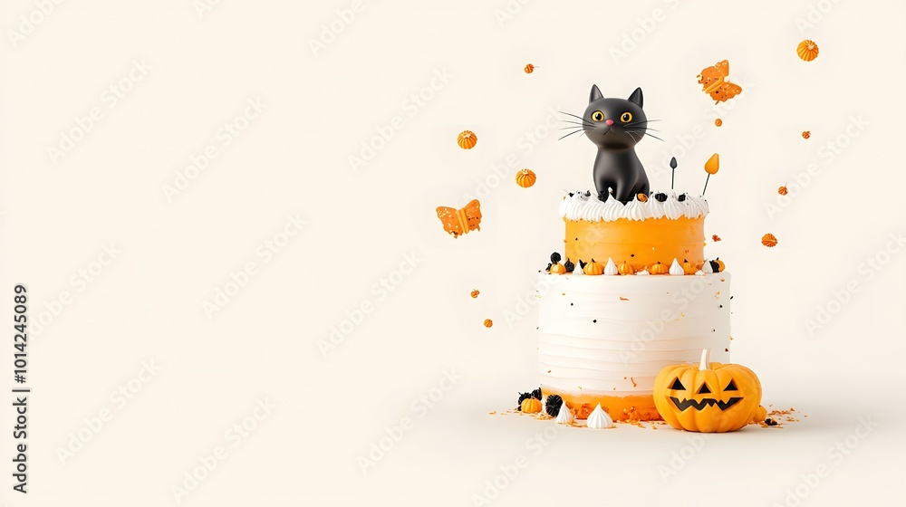 Fototapeta premium A whimsical Halloween-themed cake featuring orange frosting, a black cat figurine on top, and pumpkin decorations, set against a light background.