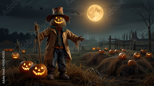 a scarecrow with a pumpkin head, dressed in tattered, spooky clothing, standing in a field at night photo