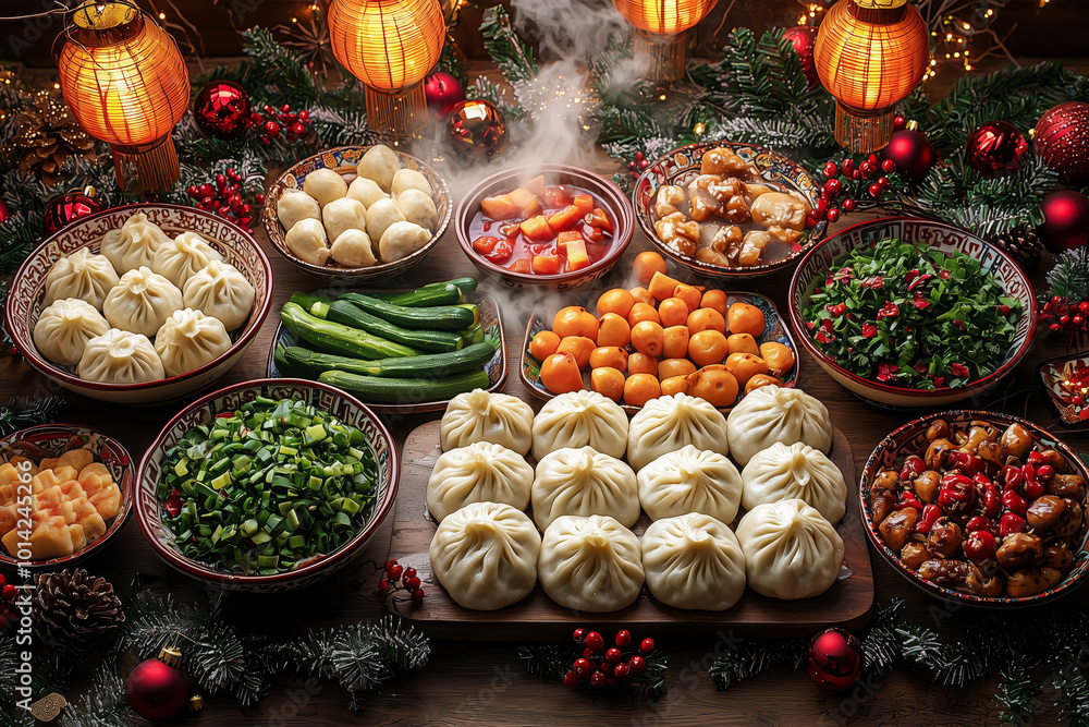 Winter solstice feast of steamed buns and vegetables arranged on a festive table Winter solstice feast of steamed buns and vegetables arranged on a festive table