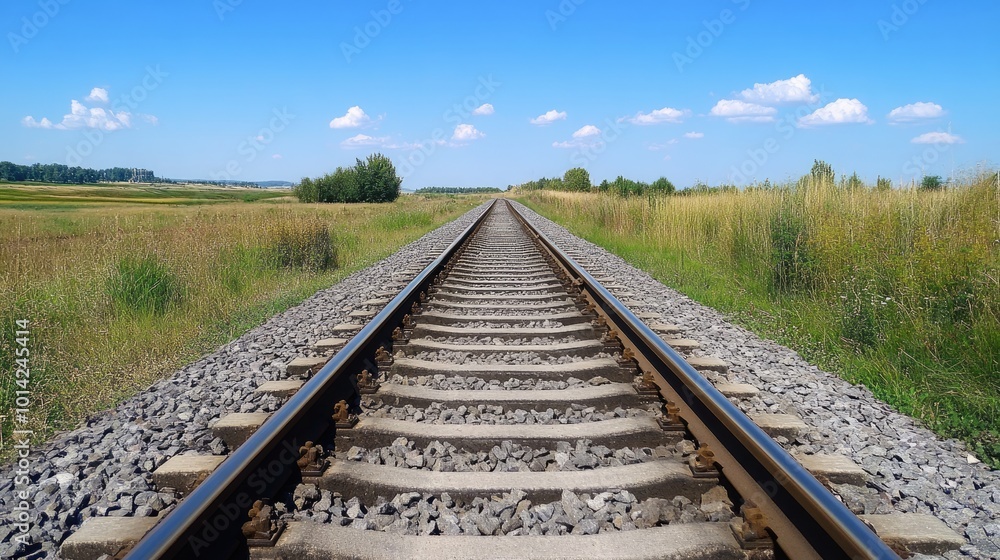 Fototapeta premium A railroad track disappearing into the horizon under a blue sky with a few scattered clouds, symbolizing a journey.