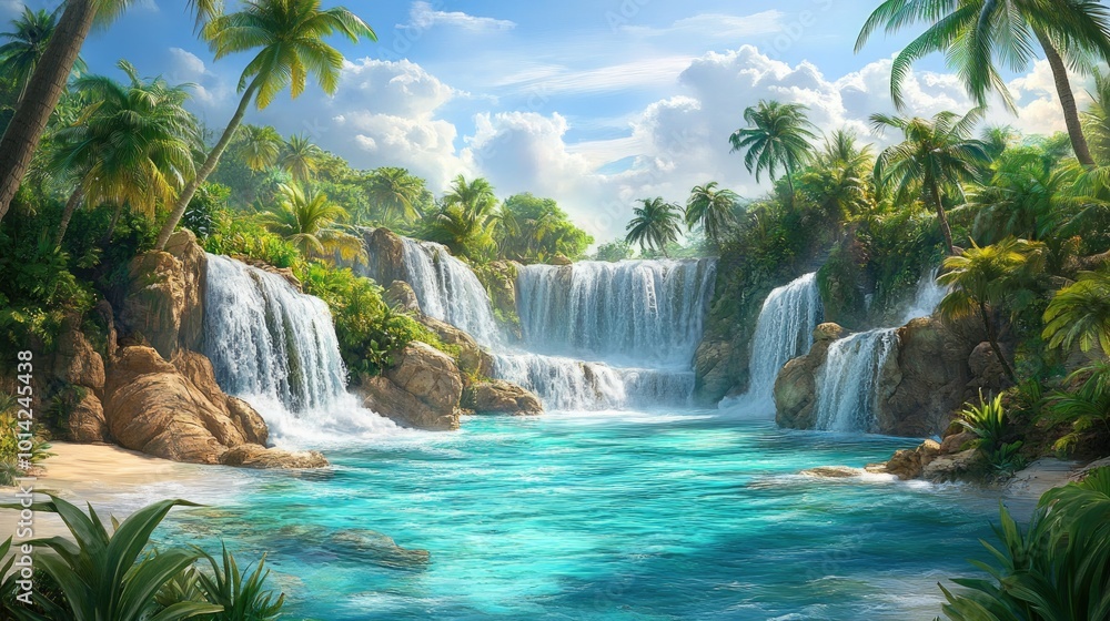 A refreshing blue lagoon with crystal-clear water, surrounded by cool, lush tropical greenery and a serene atmosphere. A refreshing blue lagoon with crystal-clear water, surrounded by cool, lush tropical greenery and a serene atmosphere.