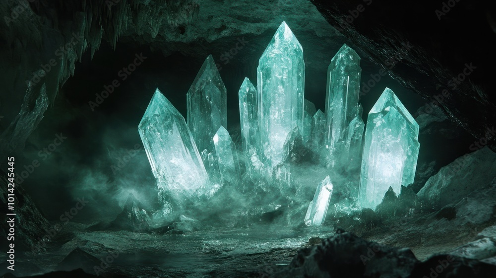 Natural crystal formations growing in a dark cave, with sparkling, sharp edges Natural crystal formations growing in a dark cave, with sparkling, sharp edges