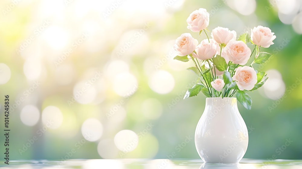 Fototapeta premium A soft, serene image of pink flowers in a white vase, set against a blurred, sunlit background, evoking a sense of tranquility and warmth.