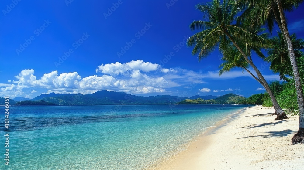 A scenic island paradise with palm trees lining the white sandy beach and crystal-clear waters stretching to the horizon. A scenic island paradise with palm trees lining the white sandy beach and crystal-clear waters stretching to the horizon.