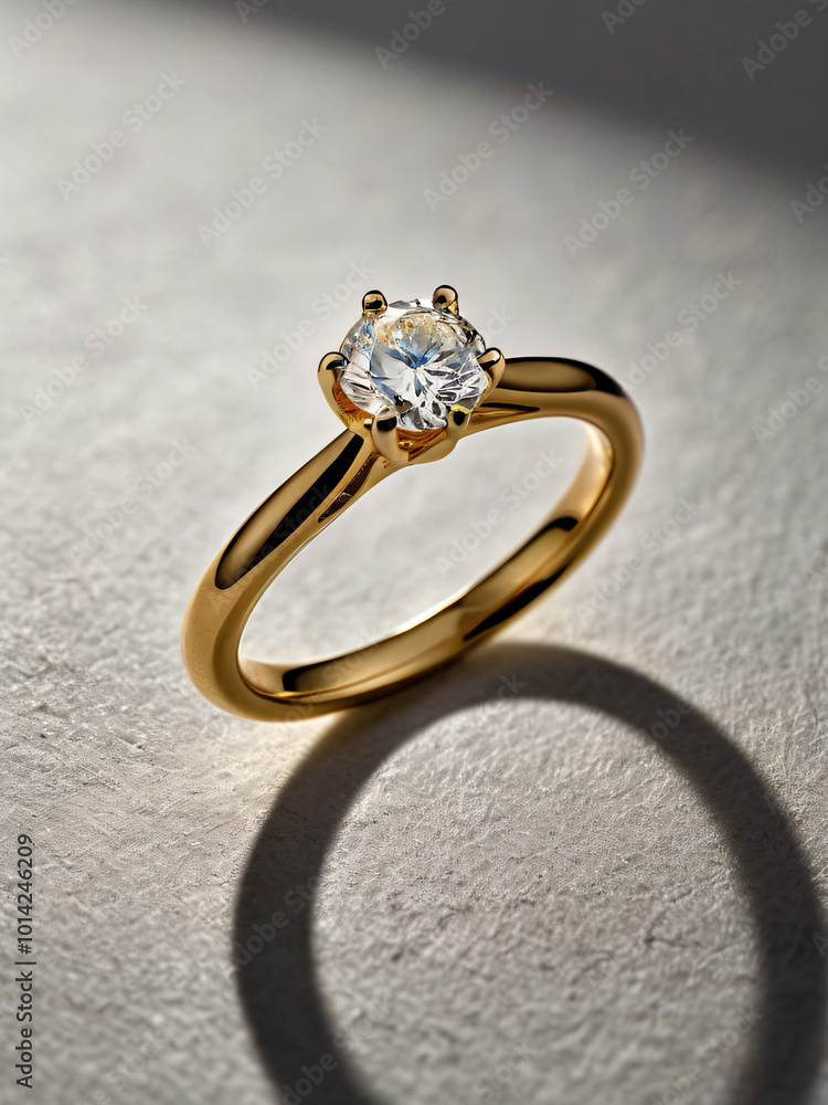 An elegant diamond engagement ring with a prominent solitaire, set on a slender gold band. An elegant diamond engagement ring with a prominent solitaire, set on a slender gold band.