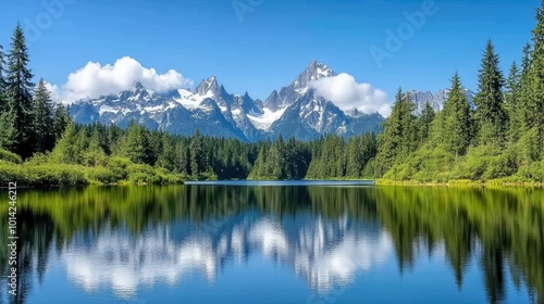 A scenic mountain lake surrounded by evergreen trees, with reflections of snow-covered peaks in the calm water.