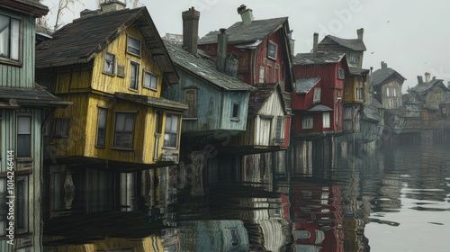 A street lined with floating houses that are upside down, yet still occupied.